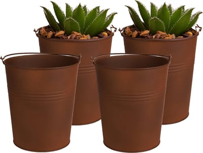 Sunnydays Emmer/plantenpot/bloempot - 4x - zink - roestbruin - D15 x H16 cm
