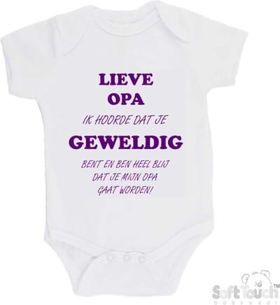 100% katoenen Romper "Lieve opa ik hoorde dat je geweldig bent en ben heel blij dat je mijn opa gaat worden!" Meisjes Katoen Wit/paars Maat 62/68