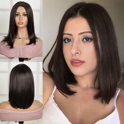 14 Inch Donkerbruin Rechte Bobperruque voor Vrouwen - Synthetische Haarvervanging voor Halloween en Feestjes, Gemakkelijk te Dragen en Stijlvol