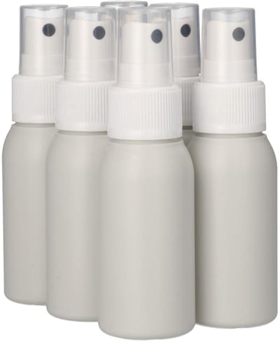 6 x Gerecyclede Plastic Fles 50 ml Spraypomp Wit - Rond- Gerecycled HDPE Kunststof - Onbreekbaar - ca. 70% minder Co2 uitstoot door gerecycled materiaal - 6 stuks