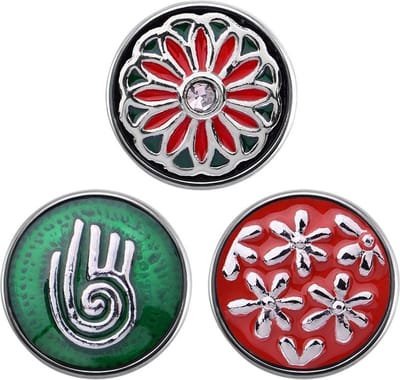 Quiges - Chunk 18mm Click Button Drukknoop Set van 3 Stuks Symbolen Groen en Rood Bloem - EBCMSET028