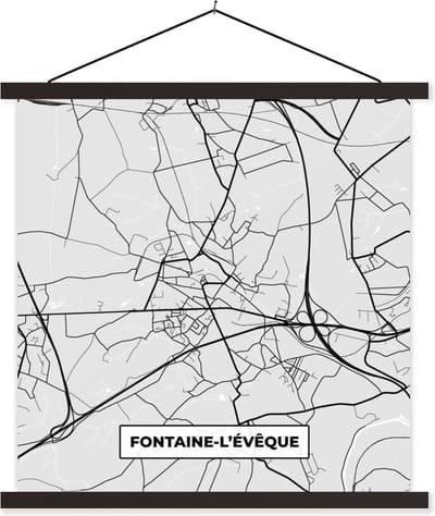 Posterhanger incl. Poster 60x60 cm - Schoolplaat - Stadskaart – Zwart Wit - Kaart – Fontaine l'Évêque – België – Plattegrond - Textielposter - Zwarte latten - Stadskaart