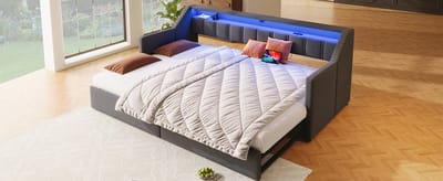 Wishdor Uitschuifbare bedbank 90/180x200 cm - USB & USB-C, led & 2 lades - Linnen - Grijs - Jouw slimme tweepersoonsoplossing met stijl