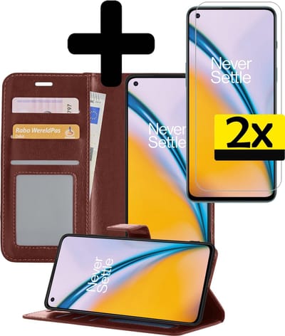Hoesje - Met 2x Screenprotector - Geschikt voor OnePlus Nord 2 - Luxe Pasjeshouder - Bookcase Portemonee - Flip Case - Kunstleer Book Case - Flipcase Hoes - Book Cover - Walletcase - Portemonneehoes - Telefoonhoesjes - Bruin