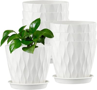 SnelShoppen - Set van 6 Flower Pots met Onderzetter, Diameter 10 cm, Kleine Plantenpot met Gat, Wafelpatroon, Ideaal voor Binnen, Balkon, Tuin, Wit