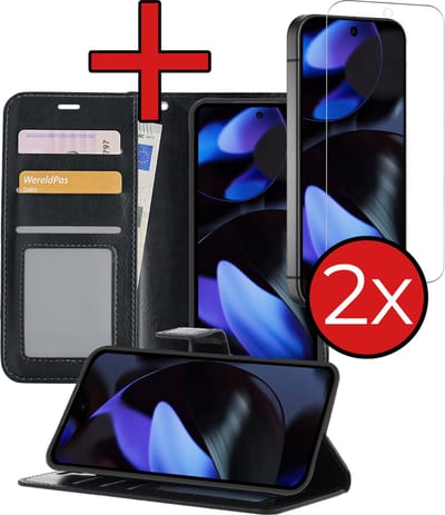 Hoesje - Met 2x Screenprotector - Geschikt voor Google Pixel 10 - Luxe Pasjeshouder - Flip Case - Bookcase Portemonee - Kunstleer Book Case - Flipcase Hoes - Book Cover - Walletcase - Portemonneehoes - Telefoonhoes - Zwart