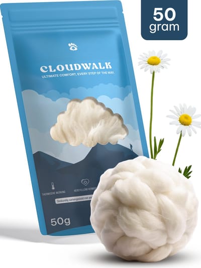 CloudWalk 50 Gram Antidruk wol – Wol voor het wandelen – Anti blaren – Rijk aan lanoline (wolvet) - Teenspreiders – Voet wol – 100% Schapenwol - loopwol - Voetverzorging