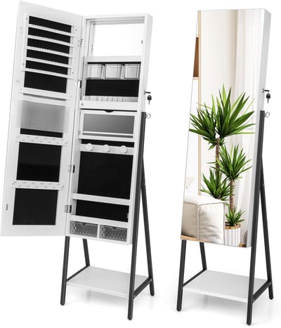 COSTWAY Sieradenkast met spiegel, sieradenspiegelkast met 3-kleurige ledverlichting, afsluitbaar, extra plank, 41,5 x 37 x 157 cm (wit)