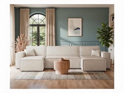 Slaapbank hoekbank Amelia – Ribfluweel (Corduroy) – 4-zits met Opbergkist – 267x167 cm – Links – Taupegrijs – Depauw