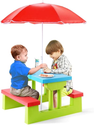 KOMFOTTEU Picknicktafel, set van tafel en stoelen voor kinderen, met inklapbare parasol, voor tuin, terras, park, kinderen vanaf 3 jaar