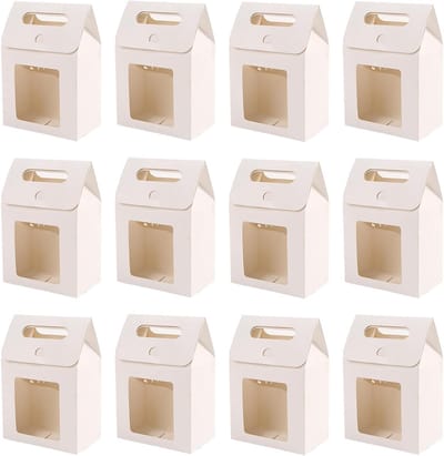 Kraft Papieren Cadeautassen met Handvat en Venster voor Feestelijke Verpakkingen van Geschenken, Snoep en Koekjes - Set van 12 Stuks