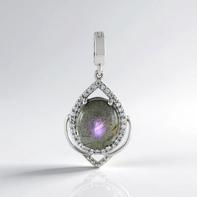 Cavill - Elegante Ovale Druppelhanger - 925 Sterling Zilver Geplatineerd - Roze Labradoriet 4,8 ct - Cambodja Zirkon 0,43 ct