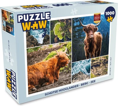 Puzzel Schotse Hooglander - Berg - Zee - Legpuzzel - Puzzel 1000 stukjes volwassenen