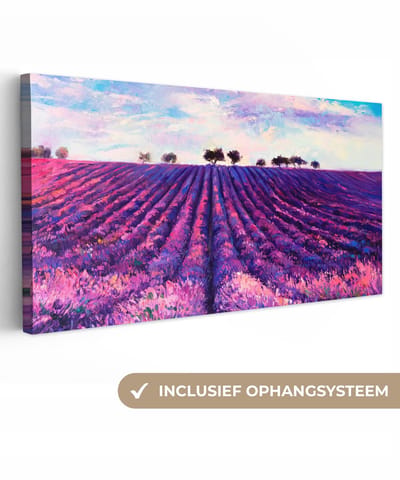 Canvas schilderij - Lavendel - Olieverf - Bloemen - Natuur - Canvas doek - 40x20 cm - Schilderijen op canvas - Wanddecoratie