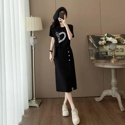 Costume Décontracté Tendance pour Femmes Été Élégant Manches Courtes Jupe fendue Ensemble Deux Pièces 2XL noir