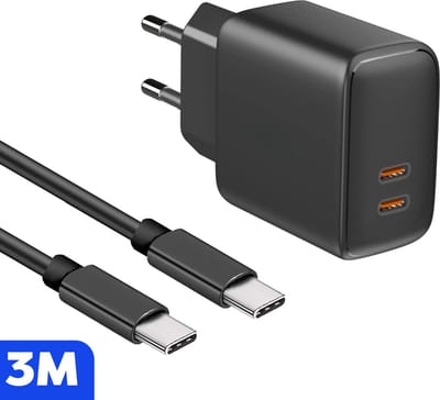 Snelle Dubbele usb-C Oplader + 3 Meter Gevlochten Kabel - Snellader - 35w GaN Technologie - Geschikt voor A54, S23,S22,S21,S24, A9,A8,A7 2022 en meer - Zwart