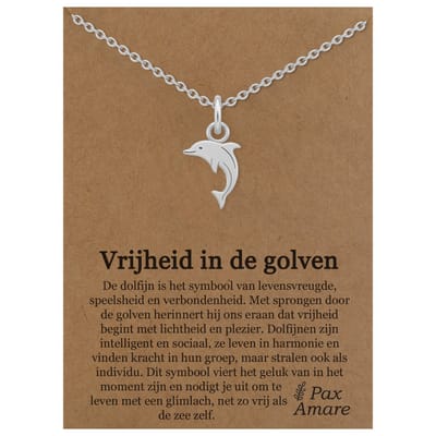 Stainless Steel Dolfijn Ketting op Cadeau Kaartje Zilverkleurig - "Vrijheid in de golven" - "45cm + 5cm Verstelbaar Roestvrij Staal - Schattige Cadeau Hanger - Pax Amare