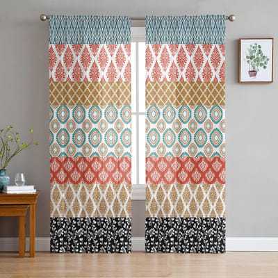 Bohemian Geometrische Strepen Transparante Voile Raamgordijnen Tule Gordijnen Woonkamer Balkon Decoratie Draperieën 135W x 114H(cm) brown