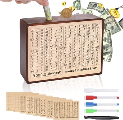 Houten Spaarbox, Retro Spaarbox voor 500 tot 10000 Euro, Persoonlijke Spaarbox met 8 Doelen Stickers en Pincet, Ideaal voor Munten en Briefgeld