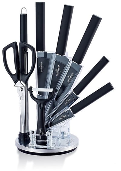 Swiss Haus® KSL9B Messenset Met Blok – 9 Delige Professionele Keukenmessen Set - Inclusief Schaar, Dunschiller & Aaanzetstaal – Antiaanbaklaag – Zwart
