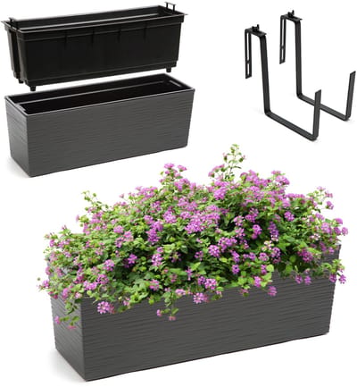 KADAX Bloembak van kunststof, 18,5 x 56 cm, plantenbak met inzet, weerbestendige balkonbak, rechthoekige bloembak, bloempot voor buiten, met houders, gekerfd patroon, grafiet