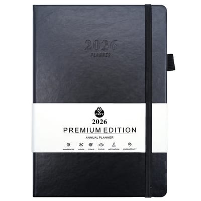 A5 Planner 2026 - Dagelijkse/Wekelijkse/Maandelijkse Agenda Met Maandelijkse Index - PU-Leren Kaft, 192 Pagina's - Zwart - Pennenhouder En Elastische Band Voor School, Kantoor En Thuis