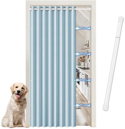 Deurgordijn voor binnen en buiten, ondoorzichtig, voor keuken, slaapkamer, inclusief telescoopstang en magneetsluiting, ruimteverdeler voor kast, blauw