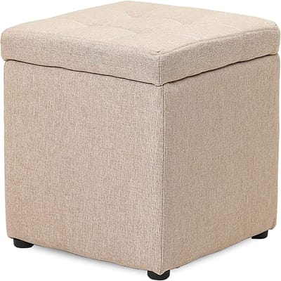 Opbergbankje met opbergruimte - Voetenbankje poef - Entree opruimen - Massief houten frame - 30x30x35cm - Beige