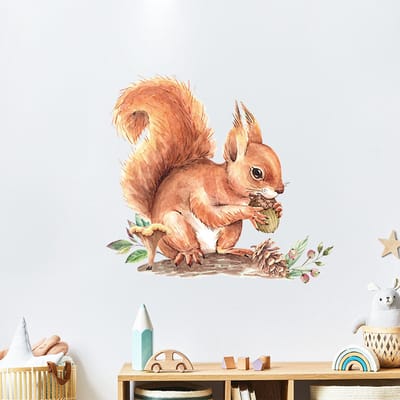 Muursticker eekhoorn - Eekhoorn - Eikeltje - Schattige Eekhoorn met eikel - Herfst - kinderkamer - slaapkamer - woonkamer - decoratie - kleurrijk - Stickerkamer®