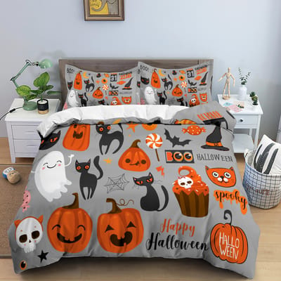 Halloween Dekbedovertrek Set Vleermuizen Pompoenen Bedrukt Polyester Dekbedovertrek Met Kussensloop Queen King Size Dekbedovertrek 3D Print EU single(135x200cm)