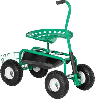 MODFU - Tuinwagen Met Draaibare En In Hoogte Verstelbare Zitting - Opbergkorf - Voor Tuinwerk - Metaal - Groen - 81 X 44,5 X 46-59 Cm