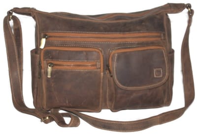 Oi Hunter bruine lederen Dagje-weg tas / ruime schoudertas voor dames en heren / grote herentas of damestas met veel ruimte en veel vakjes / compacte reistas / ruime werktas om om te hangen met veel rits vakjes / bruin rundsleer / 324H
