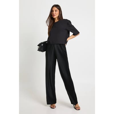 boohoo Dames Plisse broek met middelhoge taille en wijde pijpen | Black | Maat: 6