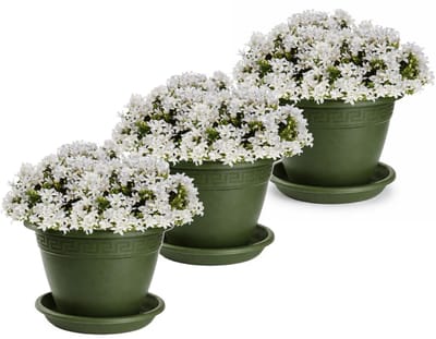 Plasticforte 3x plantenpot met opvang schaal - donkergroen - rond - D30 x H23 cm - kunststof - buiten - tuin - bloempot