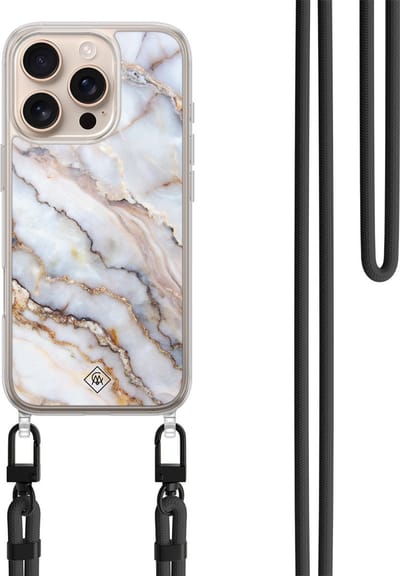 Casimoda® hoesje met koord - Geschikt voor iPhone 16 Pro Max - Marble Dream - Afneembaar koord - TPU/polycarbonaat - Grijs