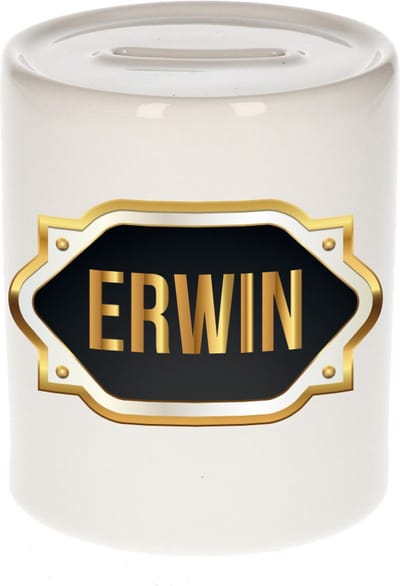 Spaarpot met voornaam Erwin - wit - met goud/zwart embleem - 8 x 9 cm - keramiek - met afsluitdop - cadeau verjaardag
