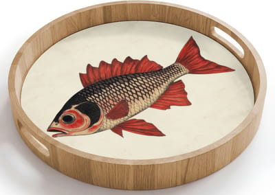 Dienblad rond 40x40 cm - Schootdienblad hout - Schubben - Rood - Vis - Vinnen - Borrelplank rechthoek - Plateau houten dienbladen