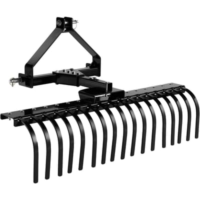 Râteau à roches paysager de 127 cm, Râteau paysager à 3 points tracté avec 17 dents en acier, Convient aux tracteurs de catégorie 1, Angle réglable, Pelouse robuste