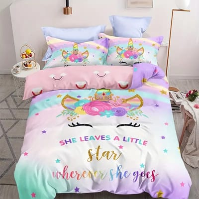 Vavida Dekbedovertrek - Eenpersoons - 140 x 200 - Unicorn - Eenhoorn - Regenboogjes - Pasteltinten