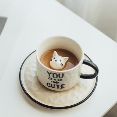 Tasses à café et soucoupes en céramique pour couple, tasse à lait, tasse mignonne avec chat, thé de l'après-midi littéraire simple 200ml gray
