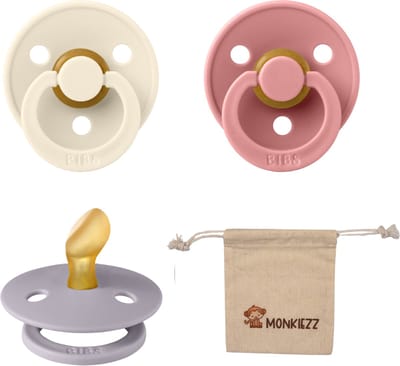 Bibs Dental fopspenen Anatomical 0-6 maanden- Set 3 stuks- Ivory, Dusty Pink, Fossil Grey + Monkiezz speenzakje - orthodontisch- Anatomisch- Maat 1