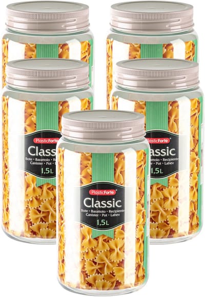 Plasticforte voedsel voorraadpot - 5x - weckpotten - beige - 1500 ml - kunststof - met draai deksel - 11 x 20 cm