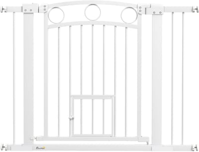 MODFU - Huisdierhekje - Verstelbare Breedte 76-104 Cm - Met Kattenluik - Voor Trap En Deuropening - Wit - 77 Cm
