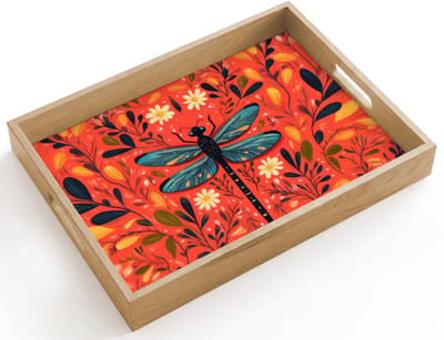 Dienblad hout 40x30 cm - Schootdienblad - Libel - Blauw - Vleugels - Bladeren - Borrelplank rechthoek - Plateau dienbladen