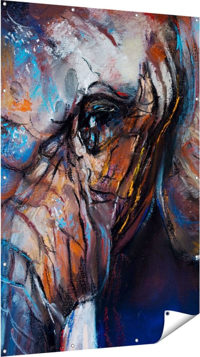 Gards Tuinposter Getekende Olifant van Dichtbij - Abstract - 120x180 cm - Tuindoek - Tuindecoratie - Wanddecoratie buiten - Tuinschilderij