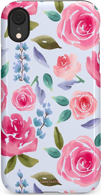 Casetastic hoesje geschikt voor Apple iPhone XR - Dubbellaagse bescherming - Aquarel Bloemendroom - Fashion Case - Lichtblauw Lichtroze