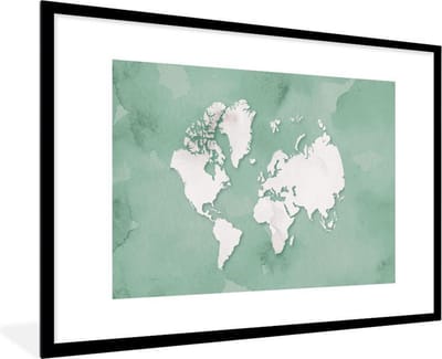 Poster in lijst - Fotolijst 120x80 cm - Posters - Wereldkaart - Groen - Waterverf - Posterlijst zwart - Decoratie - Wanddecoratie woonkamer - Muurdecoratie slaapkamer