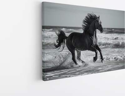 Saammp Canvas Schilderij - Paard in galop door de zee - Dieren - Natuur - 45x30 - Foto op canvas - Wanddecoratie - muurdecoratie Woonkamer - Slaapkamer decoratie - Canvas Print
