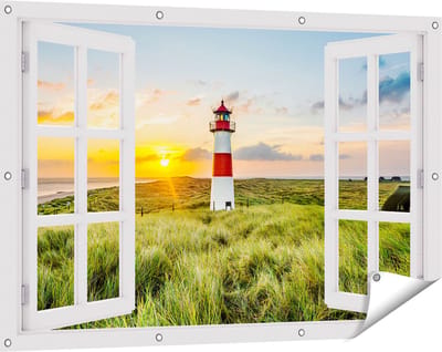 Gards Tuinposter Doorkijk Vuurtoren met Zonsopgang op een Eiland - 120x80 cm - Tuindoek - Tuindecoratie - Wanddecoratie buiten - Tuinschilderij