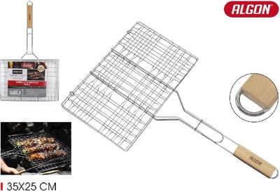 BBQ Klem | Barbecue rooster | 25x35 cm | Grill klem | Vlees Hamburger rooster | RVS met Houten handvat